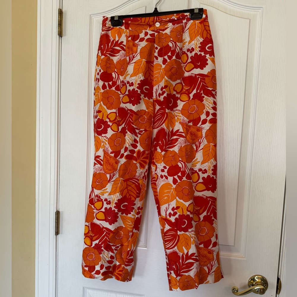 Bob Mackie Vintage High Waisted Floral Straight Leg Pants 100% Silk Size 6